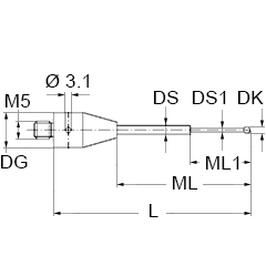 M5 Ø1 mm silicon nitride ball, tungsten carbide stem, L 20 mm, ML 5.0/10.0 mm, for ZEISS applications