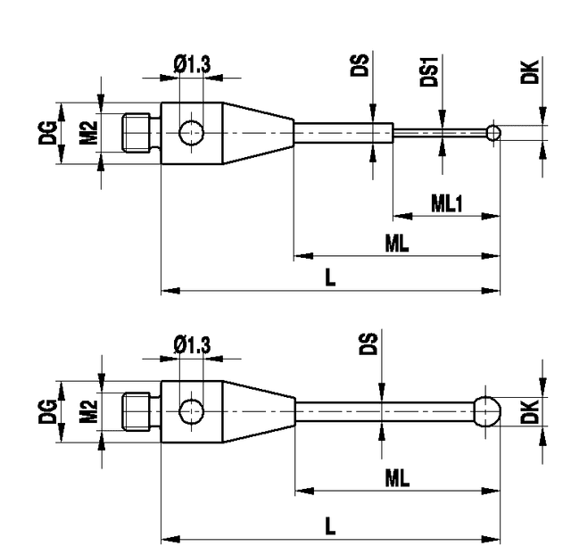 M2 Ø0.25 mm ruby ball, tungsten carbide stem, L 17 mm, ML1/ML 2.3/12.5 mm, for ZEISS applications