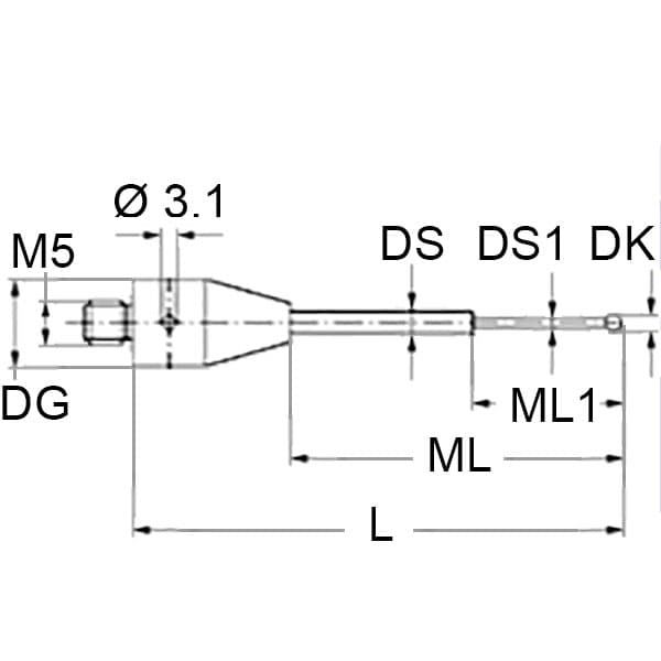 M5 Ø3 mm ruby ball, tungsten carbide stem, L 25 mm, ML 15 mm, for ZEISS applications