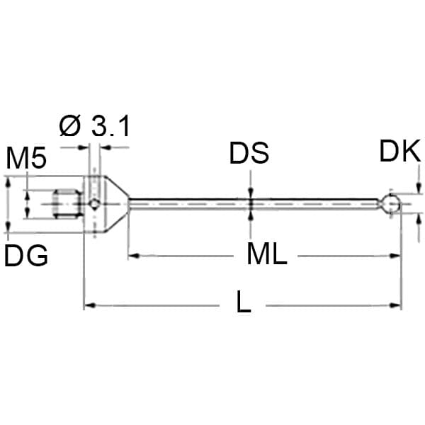 M5 Ø8 mm ruby ball, tungsten carbide stem, L 114.5 mm, ML 92.5 mm, for ZEISS applications