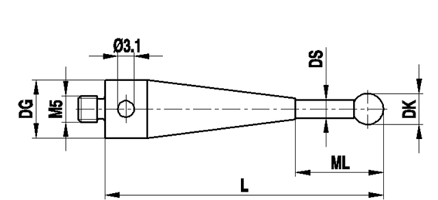 M5 Ø3.5 mm ruby ball, tungsten carbide stem, L 55 mm, ML 10 mm, for ZEISS applications