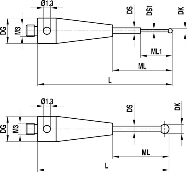M3 Ø1.5 mm ruby ball, tungsten carbide stem, L 14 mm, ML 5 mm, for ZEISS applications